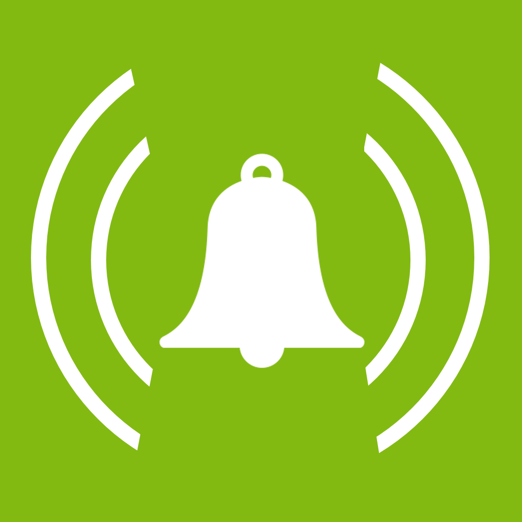 Symbolbild. Eine weiße, stilisierte Glocke auf grünem Hintergrund mit jeweils zur Rechten und zur Linken zwei nach außen größer werdenden und zur Glocke konvexen Klammern als Darstellung für die, von der Glocke ausgehenden Schallwellen. 